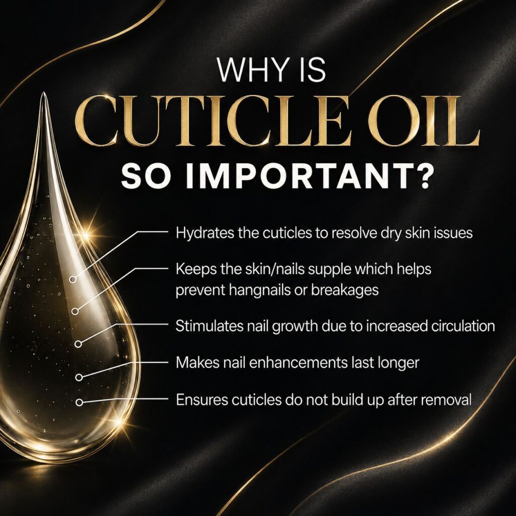 Applying cuticle oil to moisturize dry cuticles and maintain healthy-looking nails.